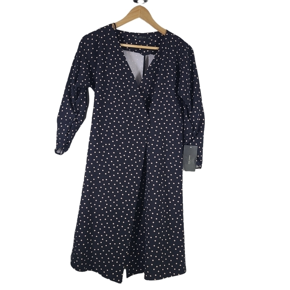 ZARA Navy and tan polka dot midi wrap dress XS